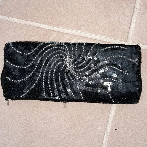 Bijoux Terner Black Sequin Beaded fold over  Flap Snap evening bag clutch - Picture 1 of 11